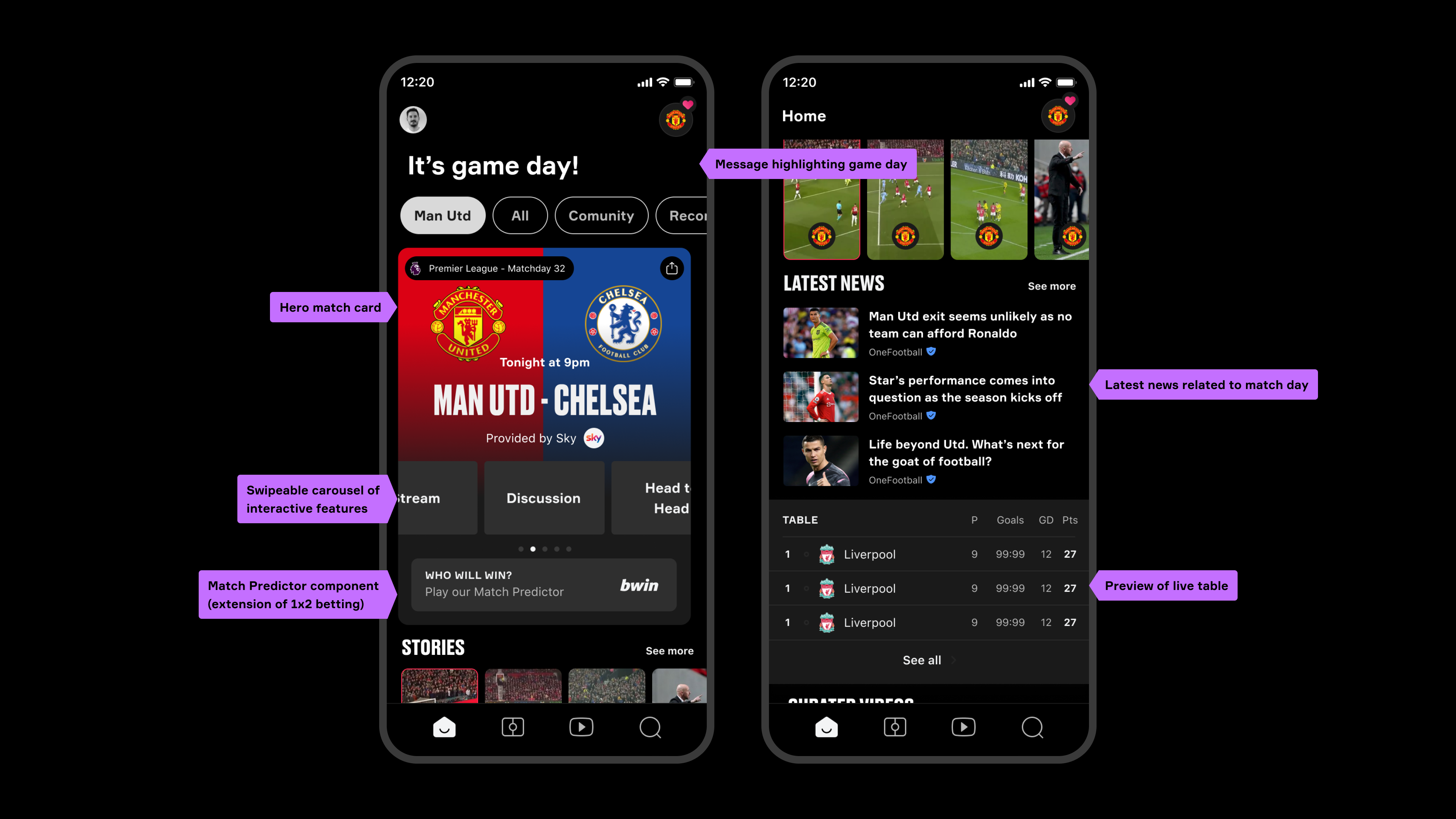 Match day 'For You' homepage showing live scores and real-time updates on match day