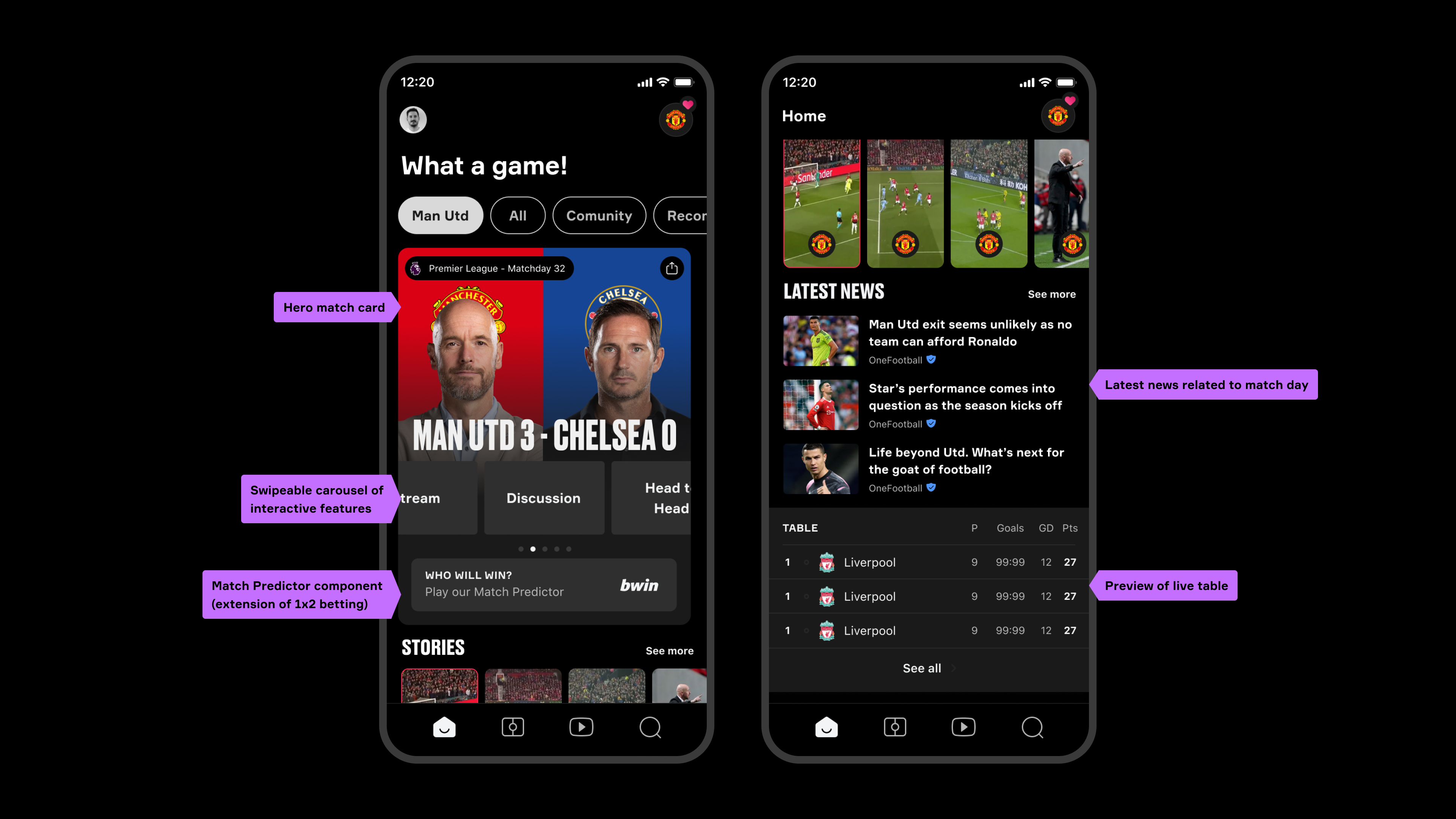Post-match Man Utd tab showing highlights and analysis in the 1–2 days after match day