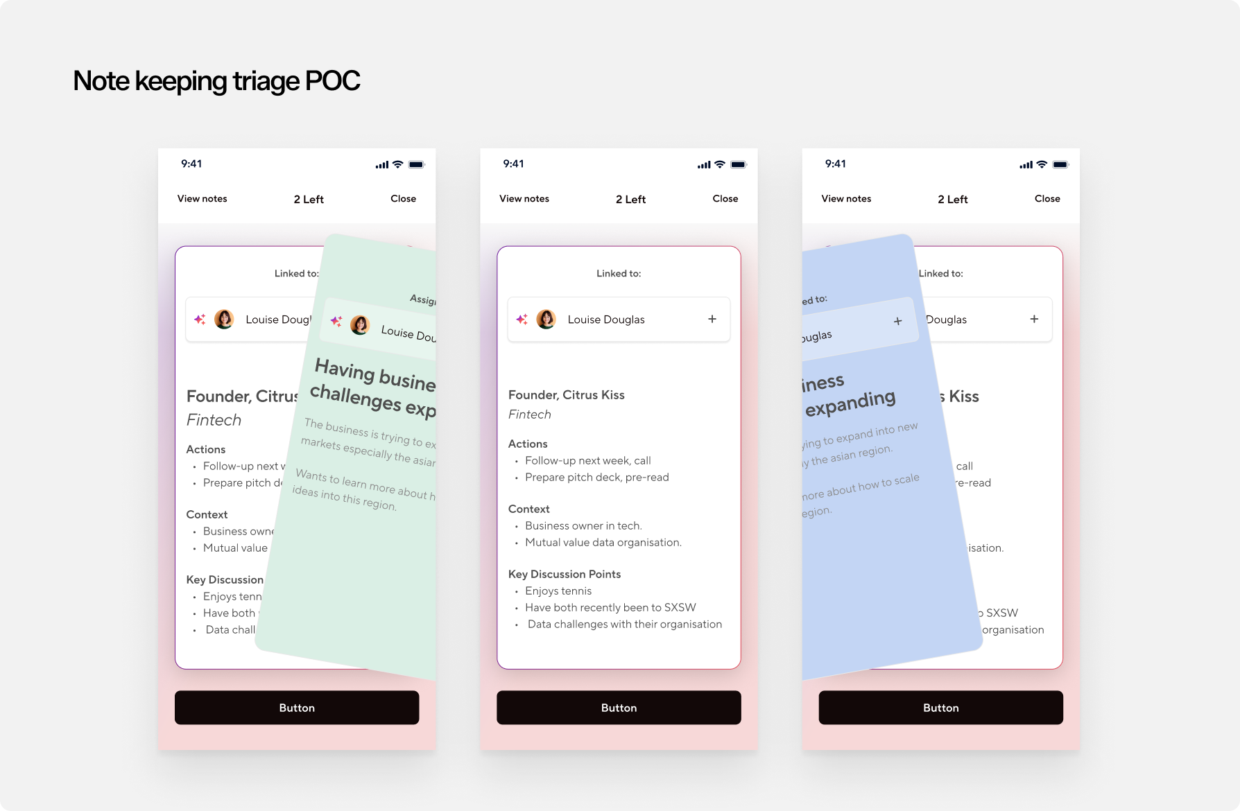 Note keeping triage proof of concept — card-based contact triage flow