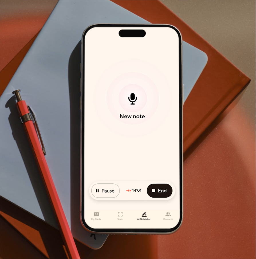 Blinq AI Notetaker recording screen showing a new note being captured with pause and end controls